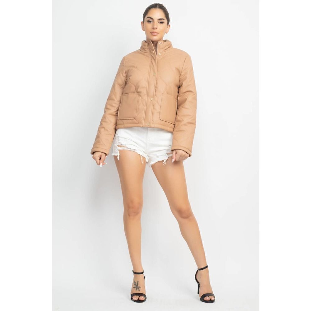 Taupe Mock Neck Quilted Jacket - Picture 1 of 5